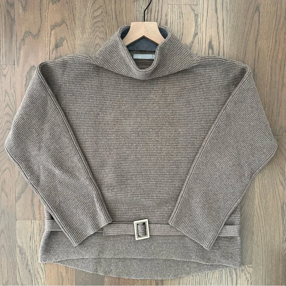 Vince Cashmere Wool Ribbed Funnel Neck Belted Sweater in Light Brown Size Small